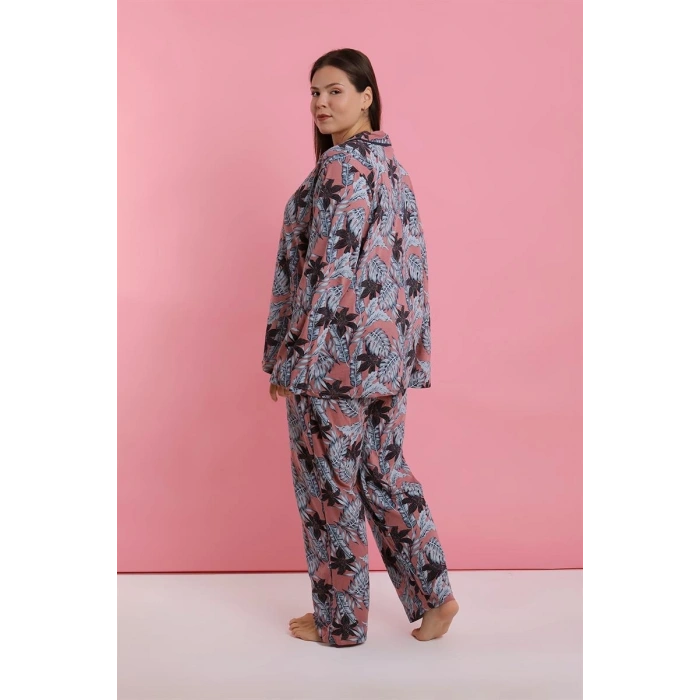 venüsshopping- Kadın Büyük Beden Somon Yaprak Desenli Düğmeli Pijama Takımı