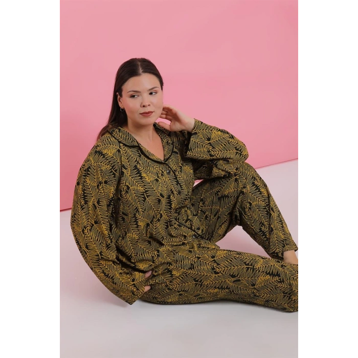 venüsshopping- Kadın Büyük Beden Tropikal Yaprak Desenli Düğmeli Pijama Takımı