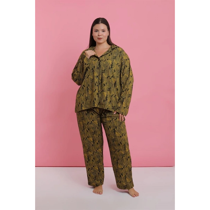 venüsshopping- Kadın Büyük Beden Tropikal Yaprak Desenli Düğmeli Pijama Takımı