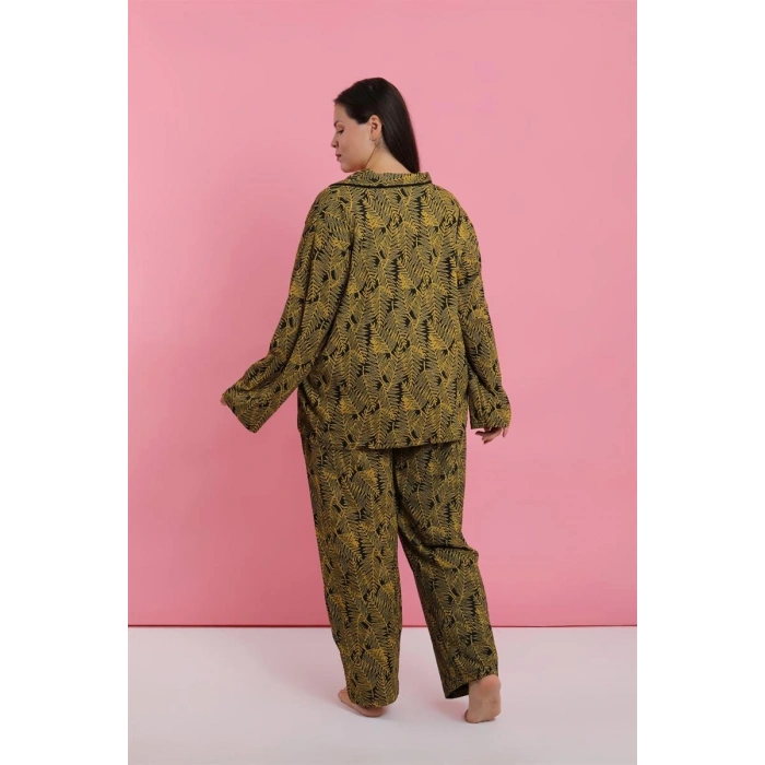 venüsshopping- Kadın Büyük Beden Tropikal Yaprak Desenli Düğmeli Pijama Takımı