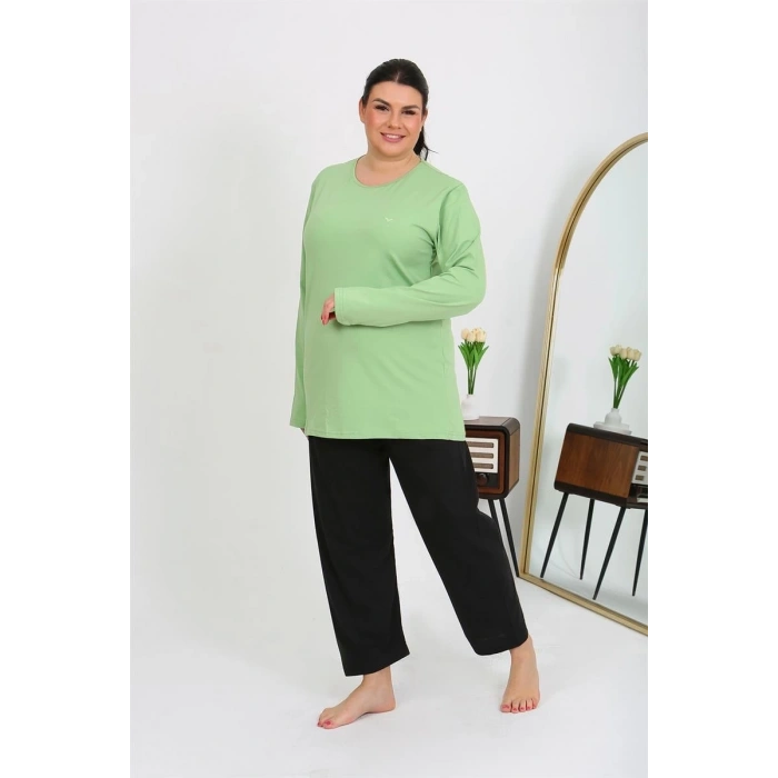 venüsshopping- Kadın Büyük Beden Uzun Kol Penye Pijama Takımı Fıstık Yeşili