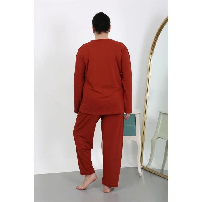 venüsshopping- Kadın Büyük Beden Uzun Kol Penye Pijama Takımı Kiremit
