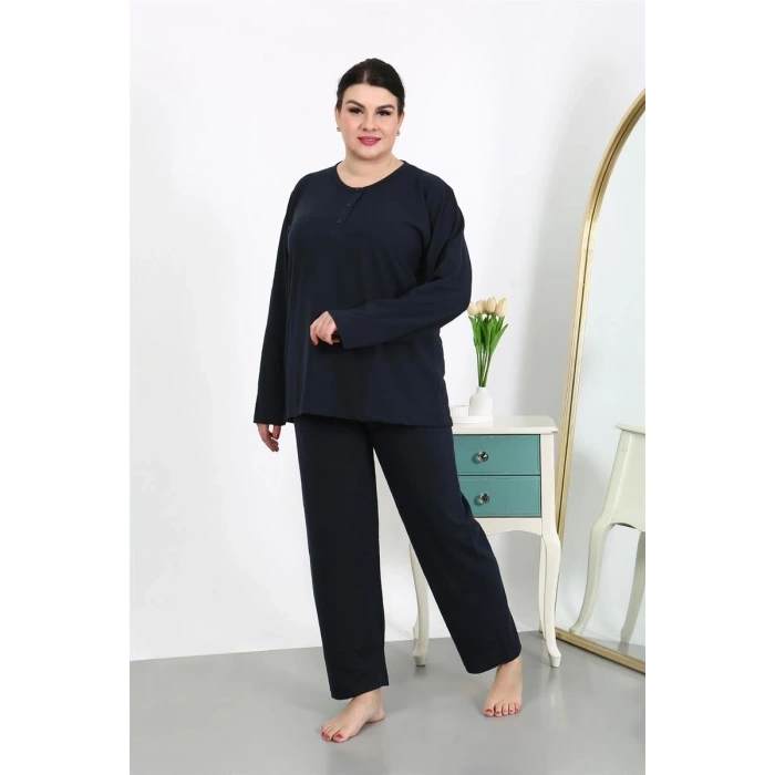 venüsshopping- Kadın Büyük Beden Uzun Kol Penye Pijama Takımı Lacivert