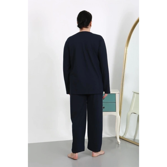 venüsshopping- Kadın Büyük Beden Uzun Kol Penye Pijama Takımı Lacivert