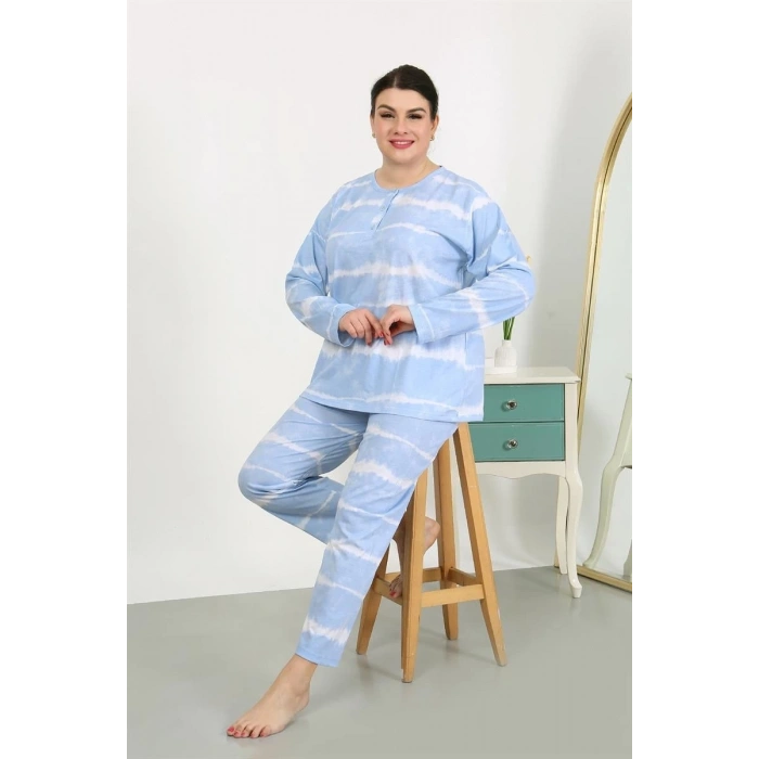 venüsshopping- Kadın Büyük Beden Uzun Kol Penye Pijama Takımı Mavi
