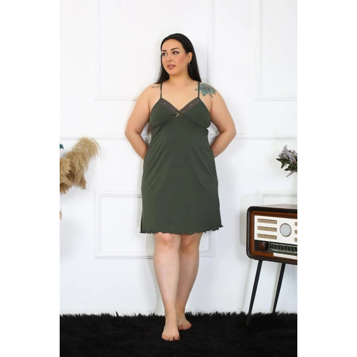 venüsshopping- Kadın Haki Pamuklu İp Askılı Büyük Beden Gecelik