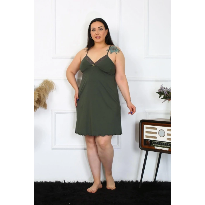 venüsshopping- Kadın Haki Pamuklu İp Askılı Büyük Beden Gecelik