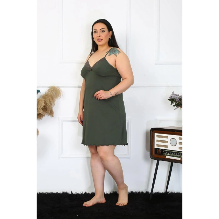 venüsshopping- Kadın Haki Pamuklu İp Askılı Büyük Beden Gecelik