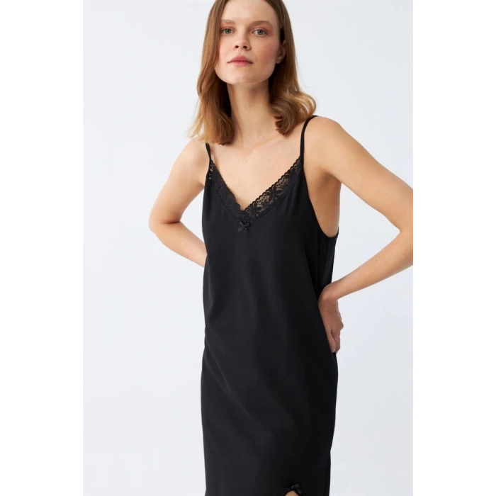 venüsshopping- Kadın İp Askılı Uzun Gecelik Siyah