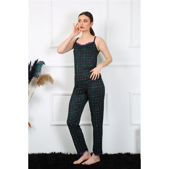 venüsshopping- Kadın İp Askılı Yeşil Ekoseli Pijama Takım