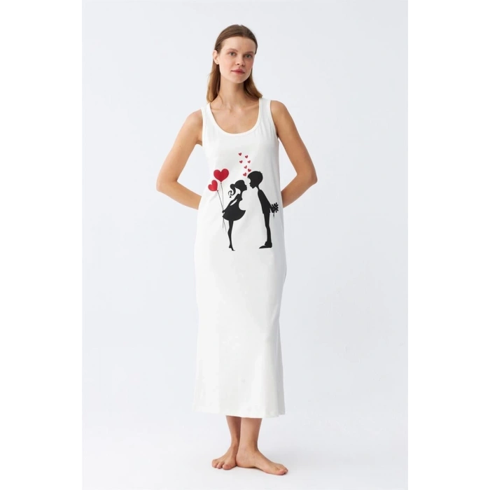 venüsshopping- Kadın Kalın Askılı Penye Uzun Ekru Gecelik