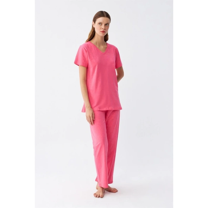 venüsshopping- Kadın Kısa Kol Pamuk Penye Pijama Takım Fuşya
