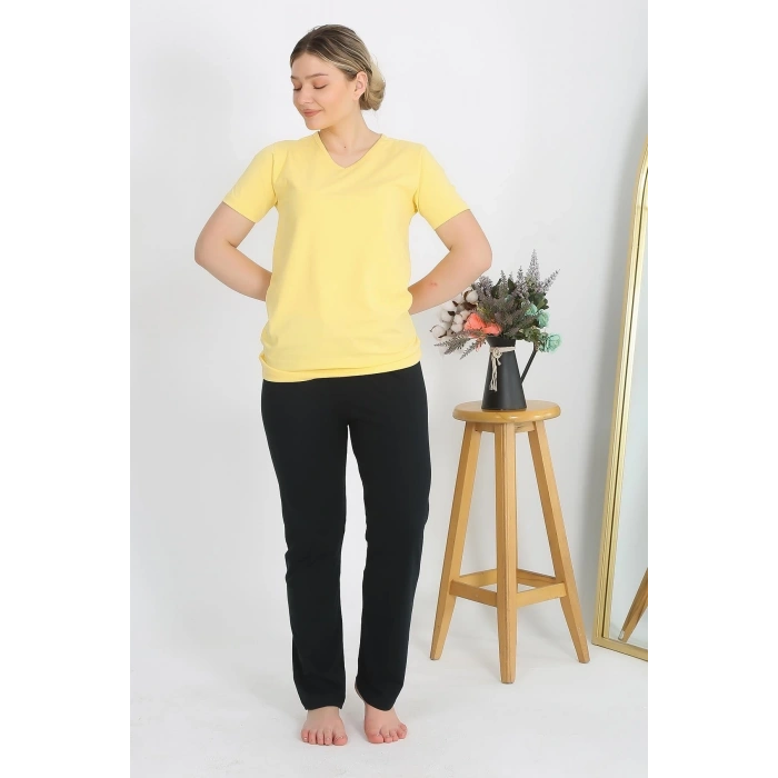 venüsshopping- Kadın Kısa Kol Pamuk Penye Pijama Takım Sarı