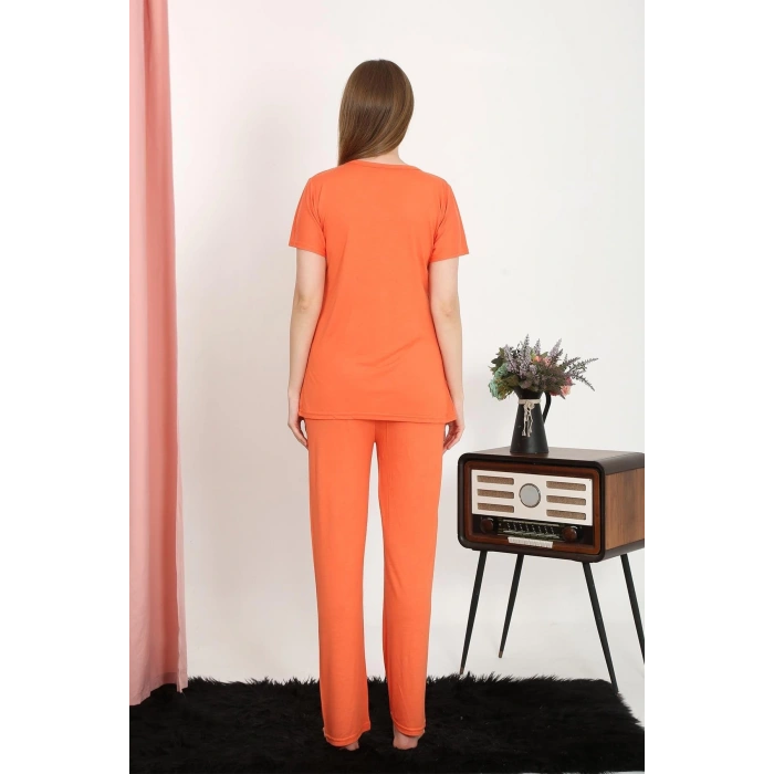 venüsshopping- Kadın Kısa Kol Pamuk Penye Pijama Takım Turuncu