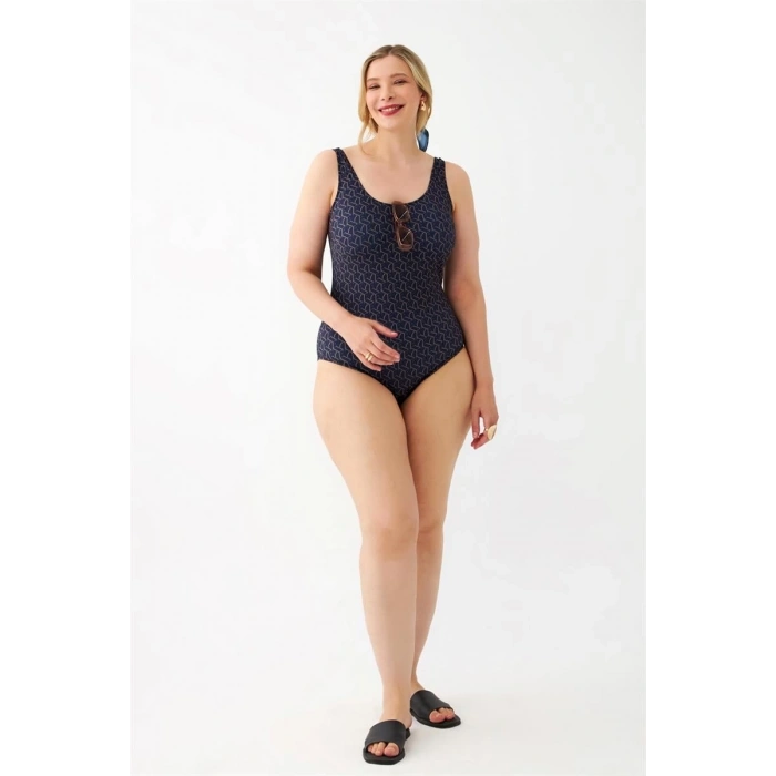 venüsshopping- Kadın Lacivert Geometrik Desenli Büyük Beden Tek Parça Mayo