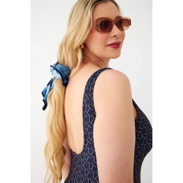 venüsshopping- Kadın Lacivert Geometrik Desenli Büyük Beden Tek Parça Mayo