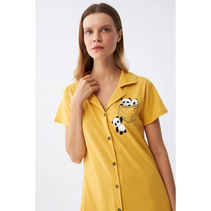venüsshopping- Kadın Pamuk Penye Kısa Kol Düğmeli Sarı Tunik Gecelik