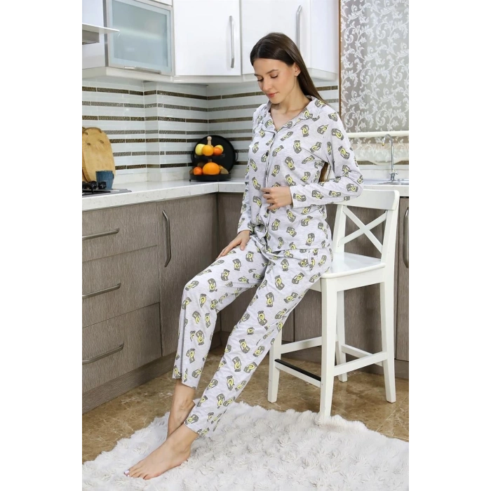 venüsshopping- Kadın Pamuk Penye Önden Düğmeli Uzun Kol Pijama Takım Gri