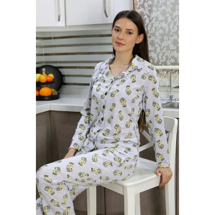 venüsshopping- Kadın Pamuk Penye Önden Düğmeli Uzun Kol Pijama Takım Gri