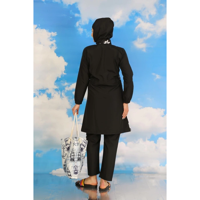 venüsshopping- Kadın Pantolonlu Desenli Tam Tesettür Mayo Siyah