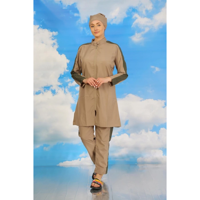 venüsshopping- Kadın Pantolonlu Kolu Şeritli Tam Tesettür Mayo Bej