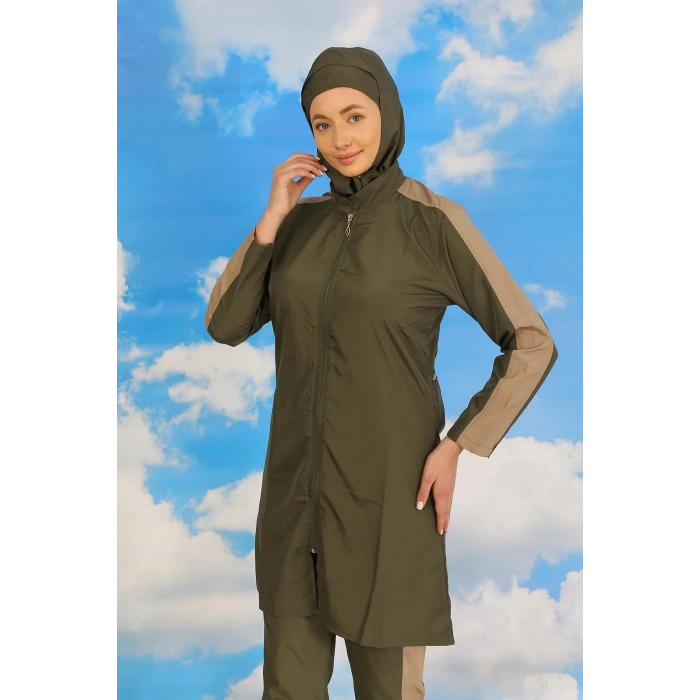 venüsshopping- Kadın Pantolonlu Kolu Şeritli Tam Tesettür Mayo Haki