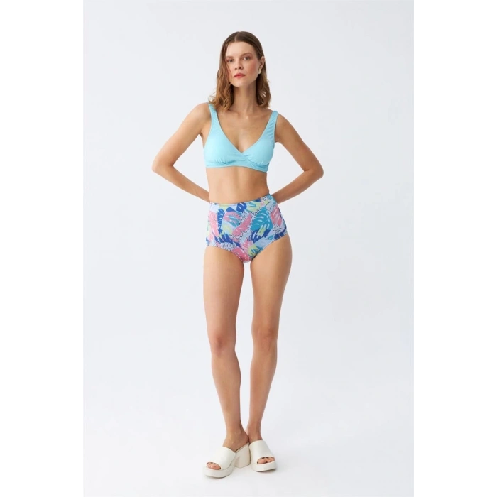 venüsshopping- Kadın Pedli Üst Tropik Desenli Yüksek Bel Bikini Takımı - Buz Mavisi