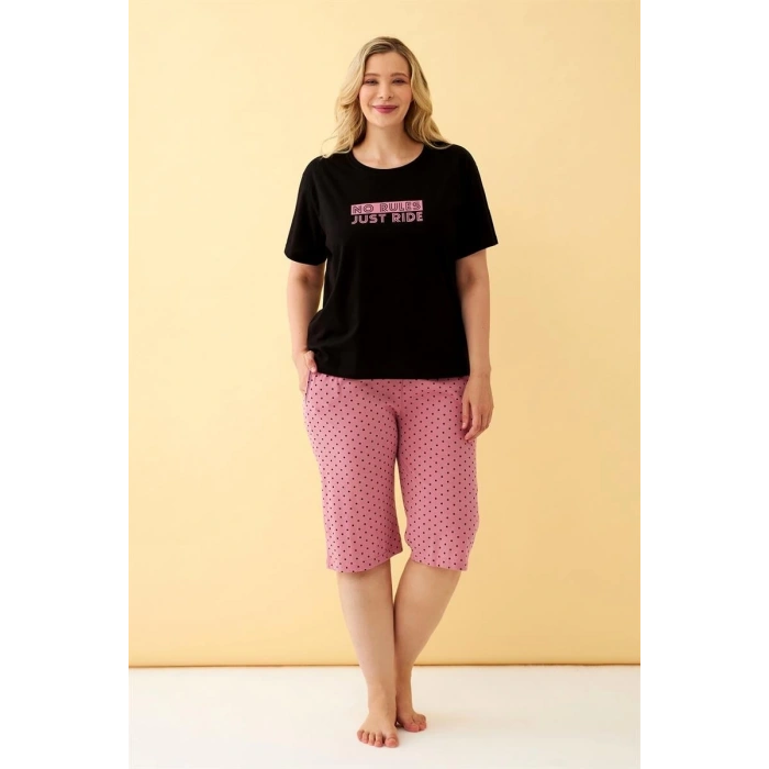 venüsshopping- Kadın Siyah “No Rules Just Ride” Yazılı Büyük Beden Kapri Pijama Takımı
