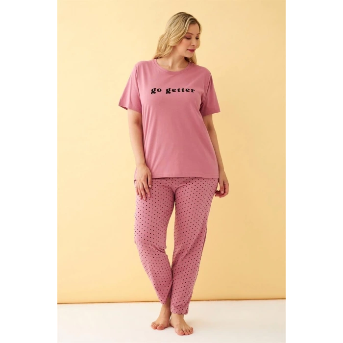 venüsshopping- Kadın Somon Go Getter Yazılı Büyük Beden Pijama Takımı