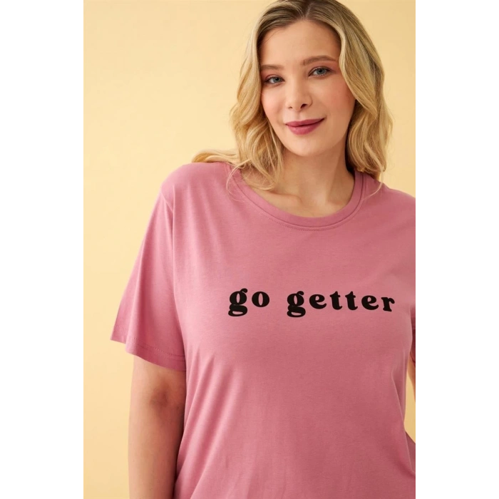 venüsshopping- Kadın Somon Go Getter Yazılı Büyük Beden Pijama Takımı