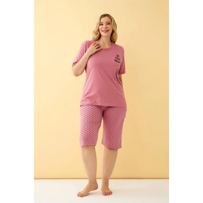 venüsshopping- Kadın Somon “Live the Dream” Yazılı Büyük Beden Kapri Pijama Takımı