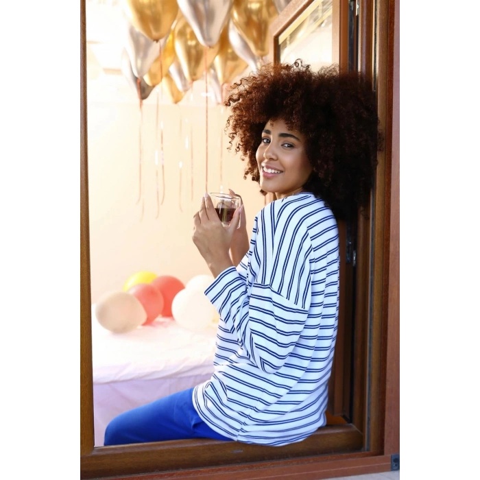 venüsshopping- Kadın Uzun Kol 3 İplik Penye Pijama Takım Beyaz