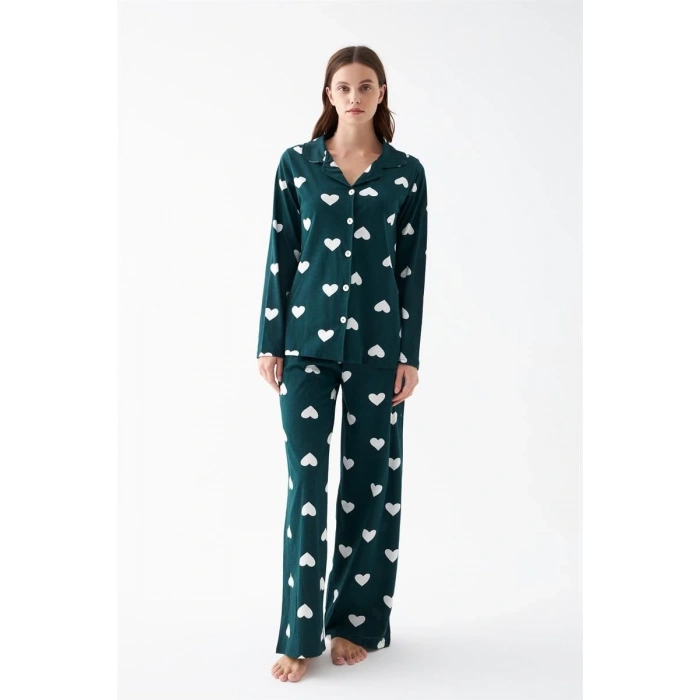 venüsshopping- Kadın Zümrüt Yeşili Kalp Desenli Düğmeli Pamuklu Pijama Takımı