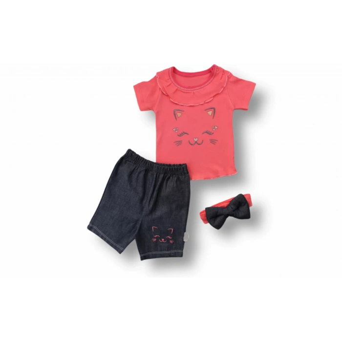 Vip Kedi Baskılı Bandanalı Kısa Kollu Sweat 3lü Kız Bebek Takımı Nar Çiçeği