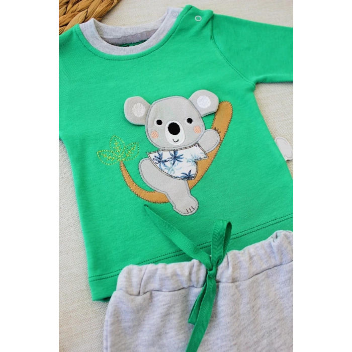 Yavru Koala Nakışlı Uzun Kollu Sweat 2li Kız Erkek Bebek Takımı Yeşil