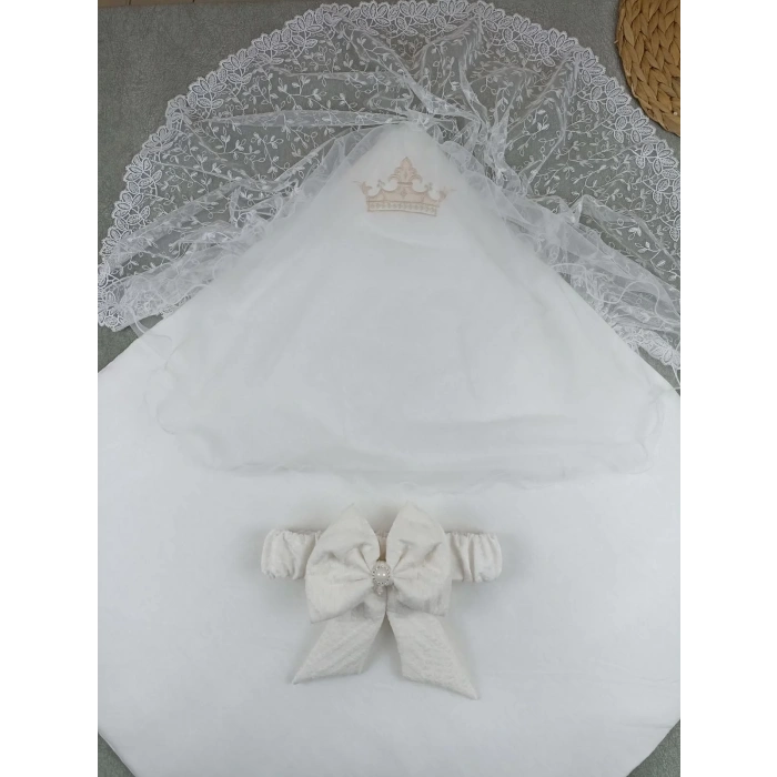 Yenidoğan Kumru Plazma Taçlı Lüks Kundak Bebek Battaniyesi Ekru