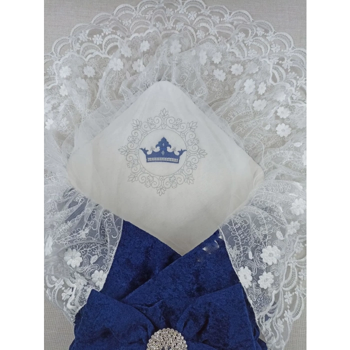 Yenidoğan Saray Kadife Taç Nakışlı İnci Fiyonklu Çift Dantel Duvak Trilüks Kundak Bebek Battaniyesi Lacivert