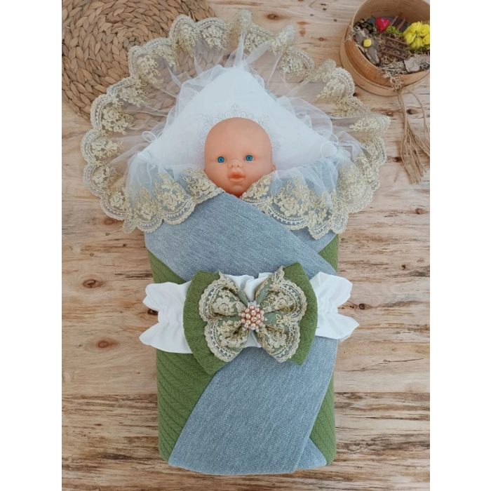 Yenidoğan Teri Cotton Taç Nakışlı Prizma Taş Kundak Bebek Battaniyesi Yeşil