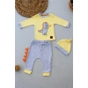 3-6 6-9 9-12 Ay Minik Dino Nakışlı Şapkalı Uzun Kollu Sweat 3lü Kız-erkek Bebek Takımı Sarı