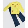 4-5-6 Yaş Kot Pantolonlu Kiraz Desenli Penye Sweat Uzun Kollu 2li Kız Çocuk Takımı Sarı