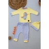 Minik Dino Nakışlı Şapkalı Uzun Kollu Sweat 3lü Kız-erkek Bebek Takımı Sarı