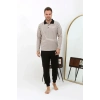 venüsshopping- Erkek Polo Yaka Uzun Kol Penye Pijama Takımı Krem