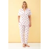 venüsshopping- Kadın Beyaz Kırmızı Kalp Desenli Önden Düğmeli Büyük Beden Pijama Takımı