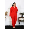 venüsshopping- Kadın Büyük Beden Pamuklu Cepli Düğmeli Kırmızı Pijama Takım
