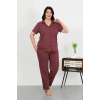 venüsshopping- Kadın Büyük Beden Pamuklu Cepli Düğmeli Mor Pijama Takım