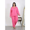 venüsshopping- Kadın Büyük Beden Pamuklu Cepli Düğmeli Pembe Pijama Takım