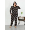 venüsshopping- Kadın Büyük Beden Pamuklu Cepli Düğmeli Siyah Pijama Takım