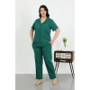 venüsshopping- Kadın Büyük Beden Pamuklu Cepli Düğmeli ZümrütYeşili Pijama Takım