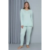 venüsshopping- Kadın Büyük Beden Penye Uzun Kol Pijama Takım Su Yeşili
