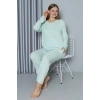 venüsshopping- Kadın Büyük Beden Penye Uzun Kol Pijama Takım Su Yeşili